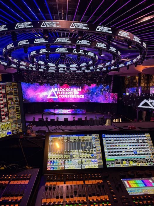 Show-calling booth overlooking the LED stage rings